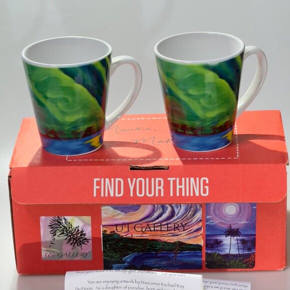 Rachael Ray Redbubble Ceramic Mug Set 2 Pcs Mauka Makai Design Hawaii Art By Ui - Picture 1 of 14